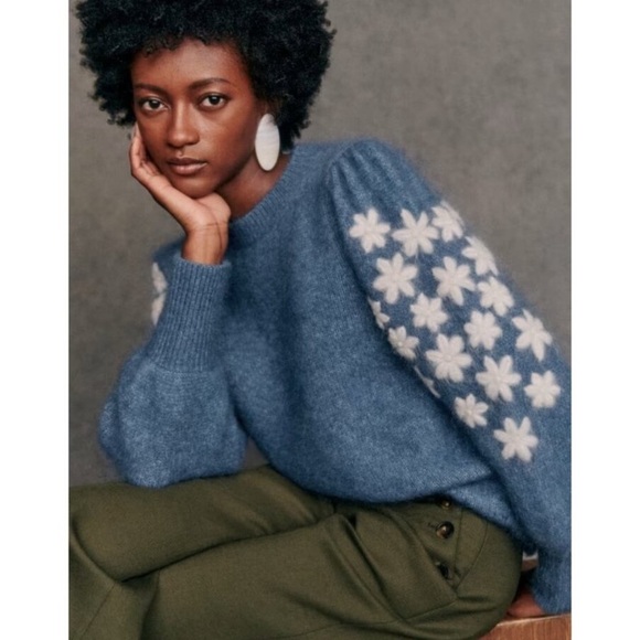 Sezane Sweaters - SEZANE Blue & White Mohair Wool Floral Embroidered Ballon Sleeve Luke Sweater